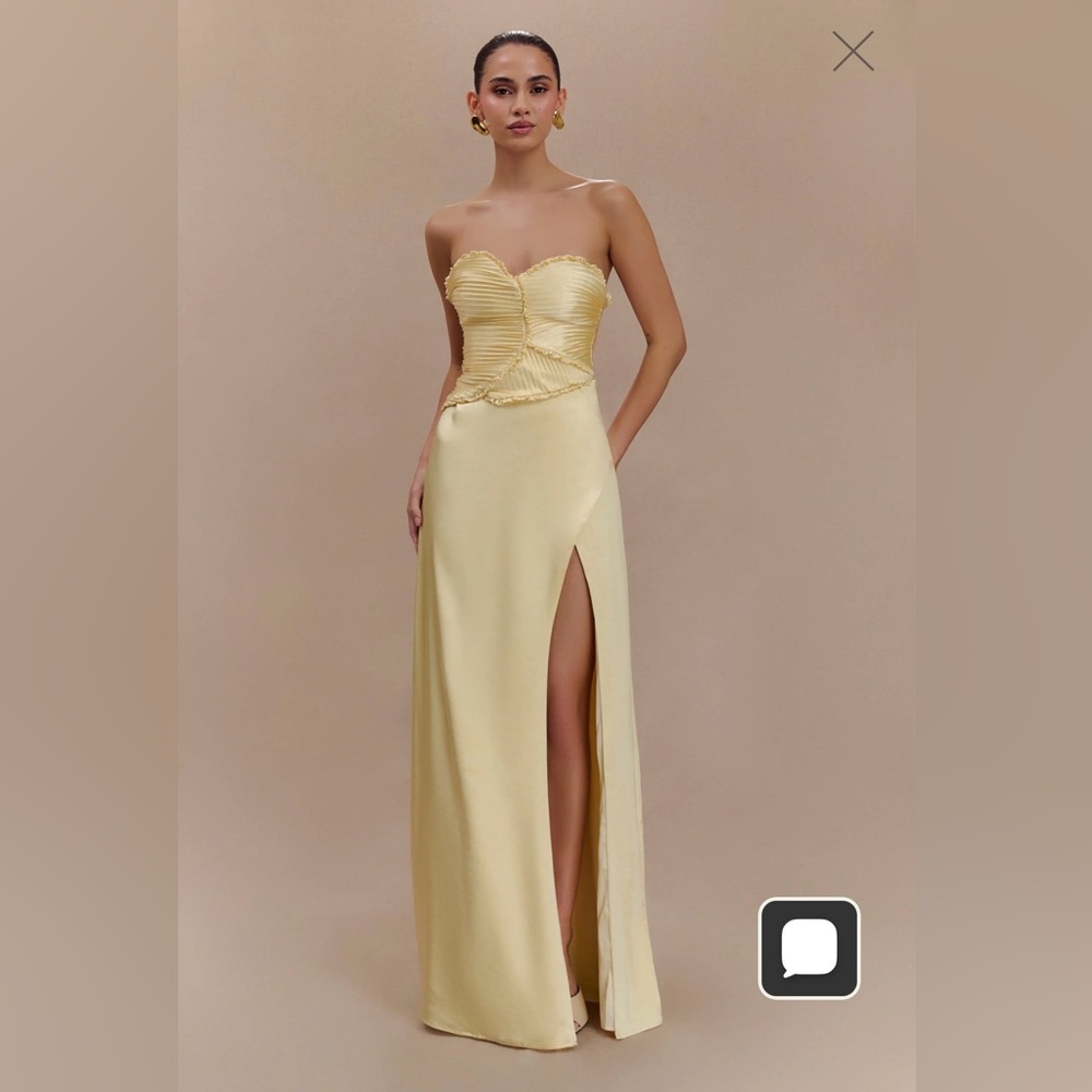 Meshki Larissa Satin Dress with Ruched Petals Yellow Strapless Evening Gown